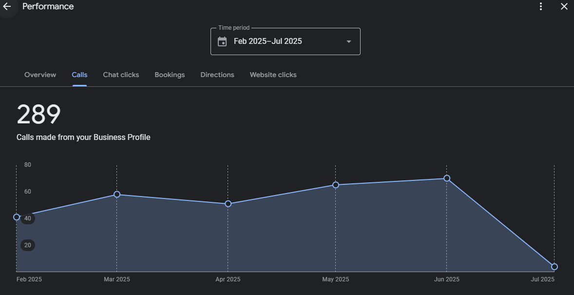 Evidence screenshot for 289 Google Business Profile Calls for a Local Service Business